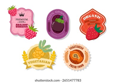 Retro fruits banner and labels. Different juices stickers. Packaging tags with strawberry, papaya,mangostin, raspberry.Set of seasonal fruits labels stickers and marks or badges template for packaging
