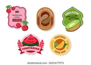 Retro fruits banner and labels. Different juices stickers. Packaging tags with kiwi, orange, watermelon, cherry,coffee.Set of seasonal fruits labels stickers and marks or badges template for packaging