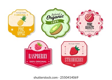 Retro fruits banner and labels.Different juices stickers. Packaging tags with kiwi, pomegranate, pineapple strawberry. Set of seasonal fruits labels stickers and marks or badges template for packaging