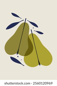 Retro fruits poster, abstract juicy pears illustration. Aesthetic groovy pear fruit design for wall print