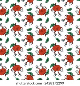 Retro fruchtiges Apfelrillenmuster. Nette Retro-Cartoon-Figur. Coole Vintage Sommer nahtlose Muster. Modischer alter Stil. 70er Jahre. Helle Früchte. Emotionen. Für Menüs, Cafés, Dekorationen, Verpackungen