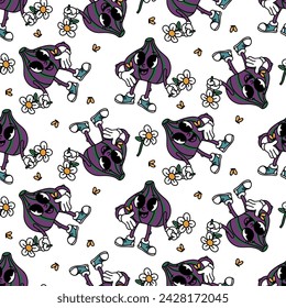 Retro fruity fig grove pattern. Cute retro cartoon character. Cool vintage summer seamless pattern. Fashionable old style. The 1970s. Bright fruits. Emotions. For menus, cafes, decorations, packaging