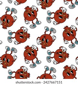 Retro fruity garnet groove pattern. Cute retro cartoon character. Cool vintage summer seamless pattern. Fashionable old style. 1970s. Bright fruits. Emotions. For menus, cafes, decorations, packaging