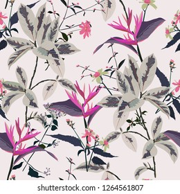 Retro full exotic tropical summer forest seamless pattern in vector design for fashion,fabric,wallpaper,web and all prints on light grey  background color