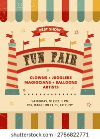 Retro fun fair poster with vintage amusement park typography in mid century Americana style. Flat vector illustration for festival and fairground design
