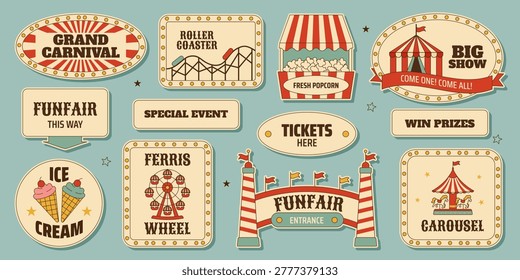 Retro funfair signage sticker set with carnival entrance, carousel, ferris wheel, popcorn stand, tickets and other vintage amusement park labels in mid century style. Vector illustration