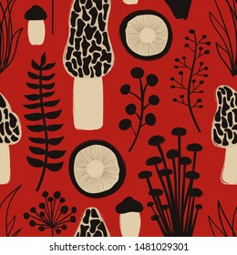 Retro fungi background. Autumn wild forest seamless pattern with mushrooms. 