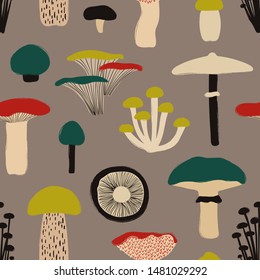 Retro fungi background. Bright Colorful wild forest seamless pattern with mushrooms. 
