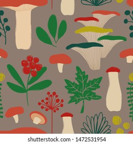 Retro fungi background. Colorful wild forest seamless pattern with mushrooms. 