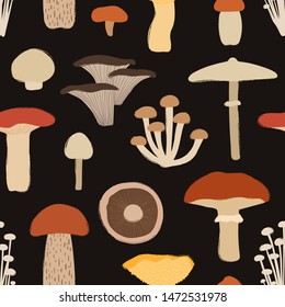 Retro fungi background. Colorful wild forest seamless pattern with mushrooms. 