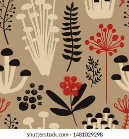 Retro fungi background. Colorful wild forest seamless pattern with mushrooms. 