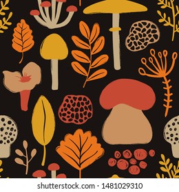 Retro fungi background. Colorful wild forest seamless pattern with mushrooms and plants. 