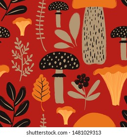 Retro fungi background. Colorful wild forest seamless pattern with mushrooms. 