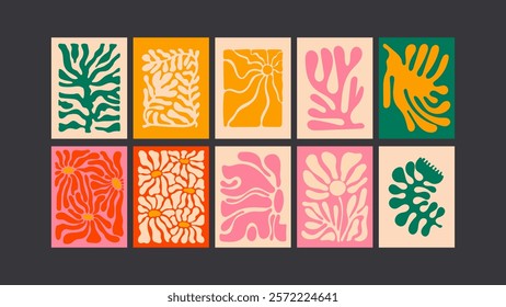 Retro funk design- 90s psychedelic posters with abstract waves, bright leaves, and trippy florals.