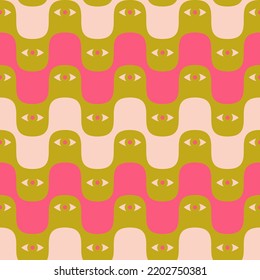 Retro Funky 1960s Inspired Pattern Design. Geometric Psychedelic Seamless Repeat With Pink And Green Wavy Lines And Eyes.