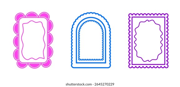 Retro funky arch and geometric frames. Set of fun neon colors borders with scallop edges. Text boxes and callout templates for invitation. Vector illustration isolated on white background.
