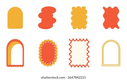 Retro funky arch and geometric frames. Set of fun vintage orange color borders with scallop edges. Squiggly kids decorative cadres. Text boxes and callout shapes templates. Vector illustration.