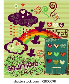 retro and funky doodles with clouds and rainbow