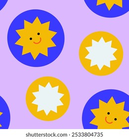 retro funky double star bright smile face in circle seamless pattern 