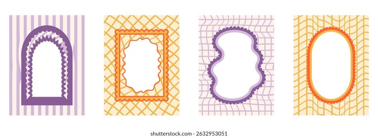 Retro funky frames with groovy checkerboard background. Set of fun kid borders with scallop wavy edges. Text boxes and callout templates for invitation. Vector purple and orange vintage doodles.