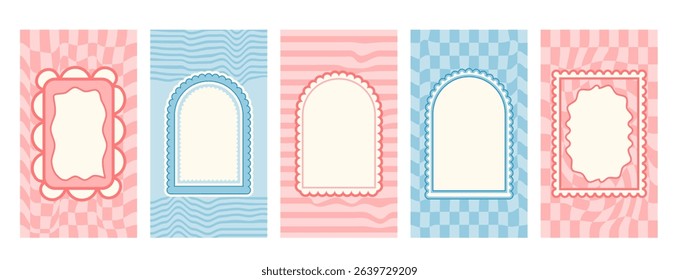 Retro funky frames with groovy checkerboard background. Set of fun pastel colors borders with scallop edges. Text boxes and callout templates for invitation. Vector blue and pink vintage doodles.
