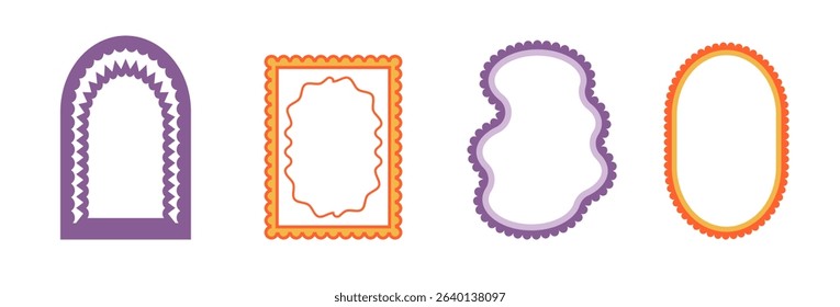 Retro funky frames with groovy effect. Set of fun kid borders with scallop wavy edges. Text boxes and callout templates for invitation. Vector purple and orange shapes isolated on white background.
