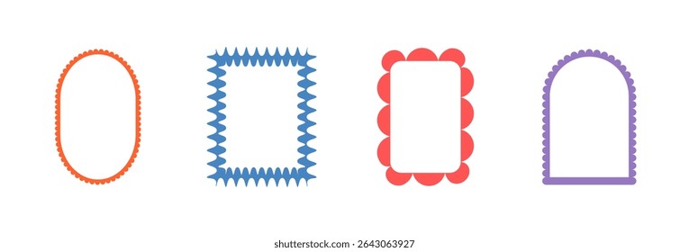 Retro funky frames. Set of fun kid borders with scallop wavy edges. Text boxes and callout templates for invitation. Vector abstract doodles cadres isolated on white background.