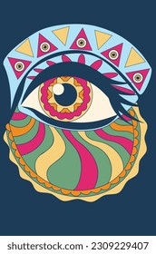 Retro funky illustration with colorful shapes and eye, groovy background.