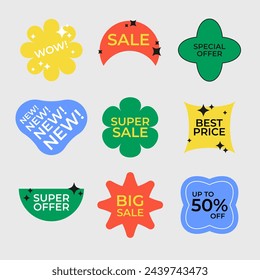 Retro funky style shopping stickers set. Sale tag colorful geometric shapes