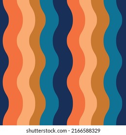 Retro funky vertical waves seamless pattern  in orange, ochre, bright blue and navy blue. For retro posters, backgrounds, textile and home décor 