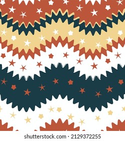 Retro Funky Zigzags Stars Abstract Seamless Geometric Pattern Trendy Fashion Colors Perfect for Allover Fabric Print or Wrapping Paper Amber Brown Navy Blue White Tones