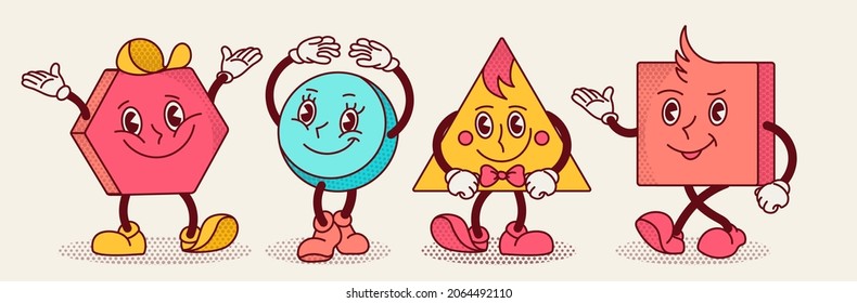 Retro funny Character Geometric Figures with face emotions, hands and legs. Different shapes. Hand drawn trendy Vector illustration for kids education.Elements are isolated.