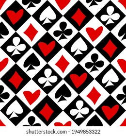 Retro funny chess cell seamless pattern background with playing card suit symbols. Vector illustration