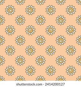 Retro Funny Daisy concepto vectorial de flor de color mínimo patrón transparente en el estilo Groovy