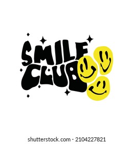 Retro funny distorted smiling faces illustration print with Smile Club  typography slogan print, For tee t shirt or sticker