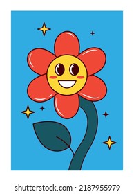 Retro funny flower. Cover, poster or banner for website in old style. Emotions, emoji, reaction. Flora and nature, red comic plant. Cute and adorable character. Cartoon flat vector illustration