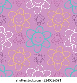 Retro funny flowers hippie pattern, colorful flowers on purple background