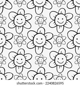 Retro funny flowers hippie pattern, black and white flowers, retro vibe, doodle hand drawn