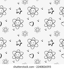 Retro funny flowers with stars and dots hippie pattern, black and white flowers, retro vibe, doodle hand drawn