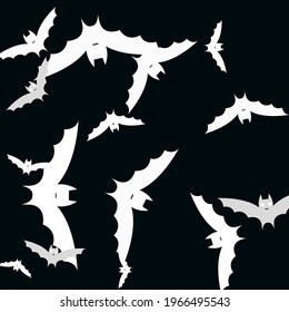 Retro Funny Gothic Black Modern Style Background. Motion Attack Spooky Bats Vector Background. Chaos Creepy White Print Halloween Modern Design. Night Sky Light Scary Flying Bats Art Pattern.