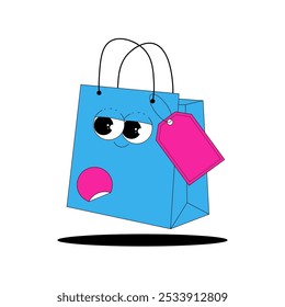 Caráter de saco de compras azul groovy engraçado retro com etiqueta rosa e adesivo com cara de quadrinhos bonito. Segunda-feira azul, venda, aniversário feliz, pacote presente. Ilustração vetorial sobre fundo transparente