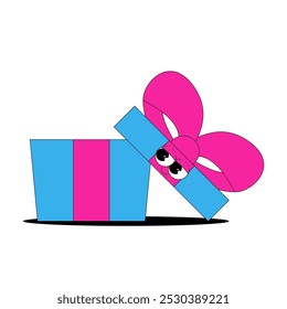 Retro funny groovy gift box character with cute and comic face. Surprise birthday, sale, happy anniversary, present package. Vector illustration in blue, pink colors on transparent background