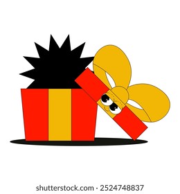 Retro funny groovy red gift box character with cute eyes and smile on comic face.Surprise birthday,sale,happy anniversary,present package.Vector illustration 70s 80s style on transparent background