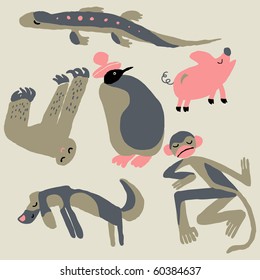 Retro funny hand-drawn animals collection