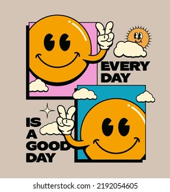 Retro funny hippie poster design template and smiled emoji   every day is good day caption  Vector illustration