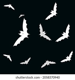 Retro Funny Light Attack Halloween Art Illustration. Night Spooky Print Chaos Modern Style Simple Art. Creepy Scary White Gothic Flying Bats Art Pattern. Black Sky Motion Bats Vector Background.