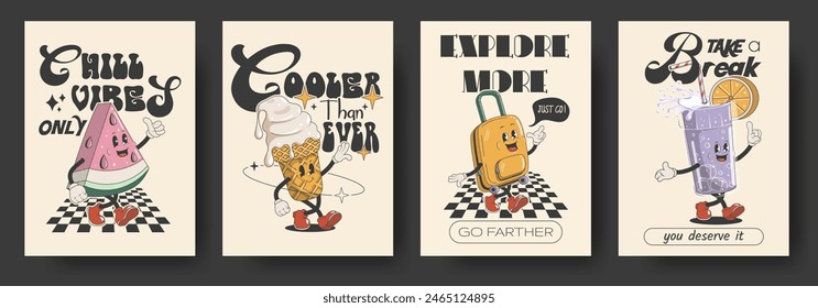 Retro funny posters with summer travel walking characters. Lettering illustration for t-shirt print. Suitcase, ice cream, cocktail, watermelon