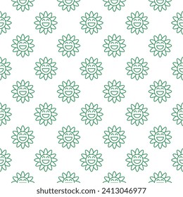 Retro Funny Smiling Daisy Flower vector concept outline minimal seamless pattern in Groovy style