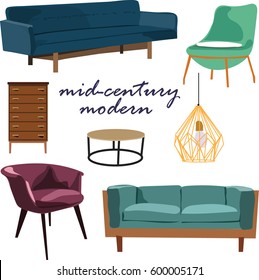 retro furniture collection set elements. realistic looking mid century modern living room. sofa, chair, coffee table, lamp, cabinet. danish interior design. hand drawn stylish designer arty.