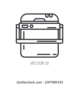 Retro furniture, compact picnic refrigerator line icon. Summer travel vacation, tourism, camping equipment. Backyard classic lunch. Outdoor family picnic, beach party. Mini cooler. Hiking lifestyle.
